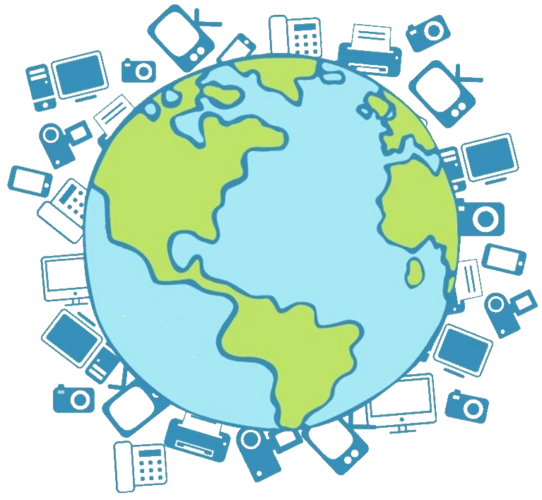 Graphic showing electrical waste floating around the earth symbolising ewaste